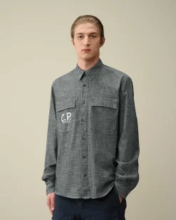 Homme C.P. Company Chemises^Chambray Long Sleeved Logo Shirt
