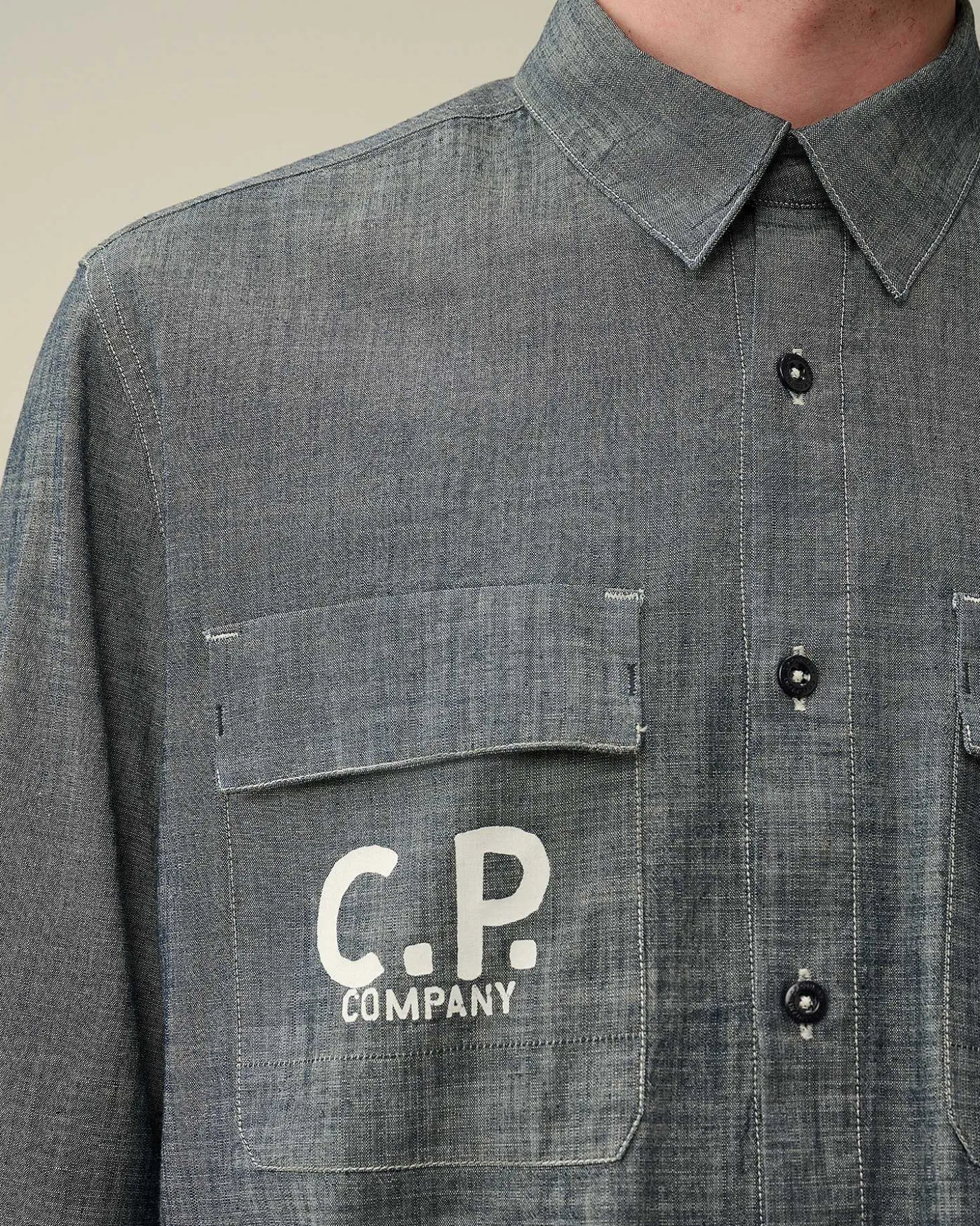 Homme C.P. Company Chemises^Chambray Long Sleeved Logo Shirt