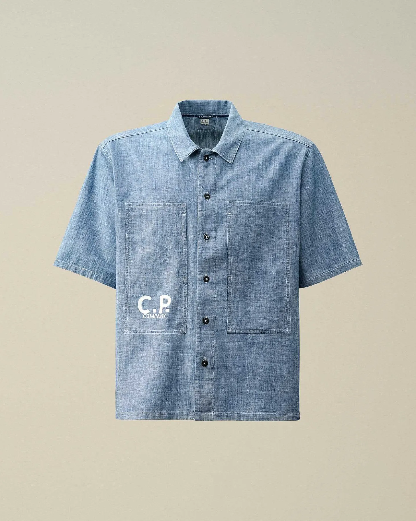 Homme C.P. Company Chemises^Chambray Short Sleeved Logo Shirt
